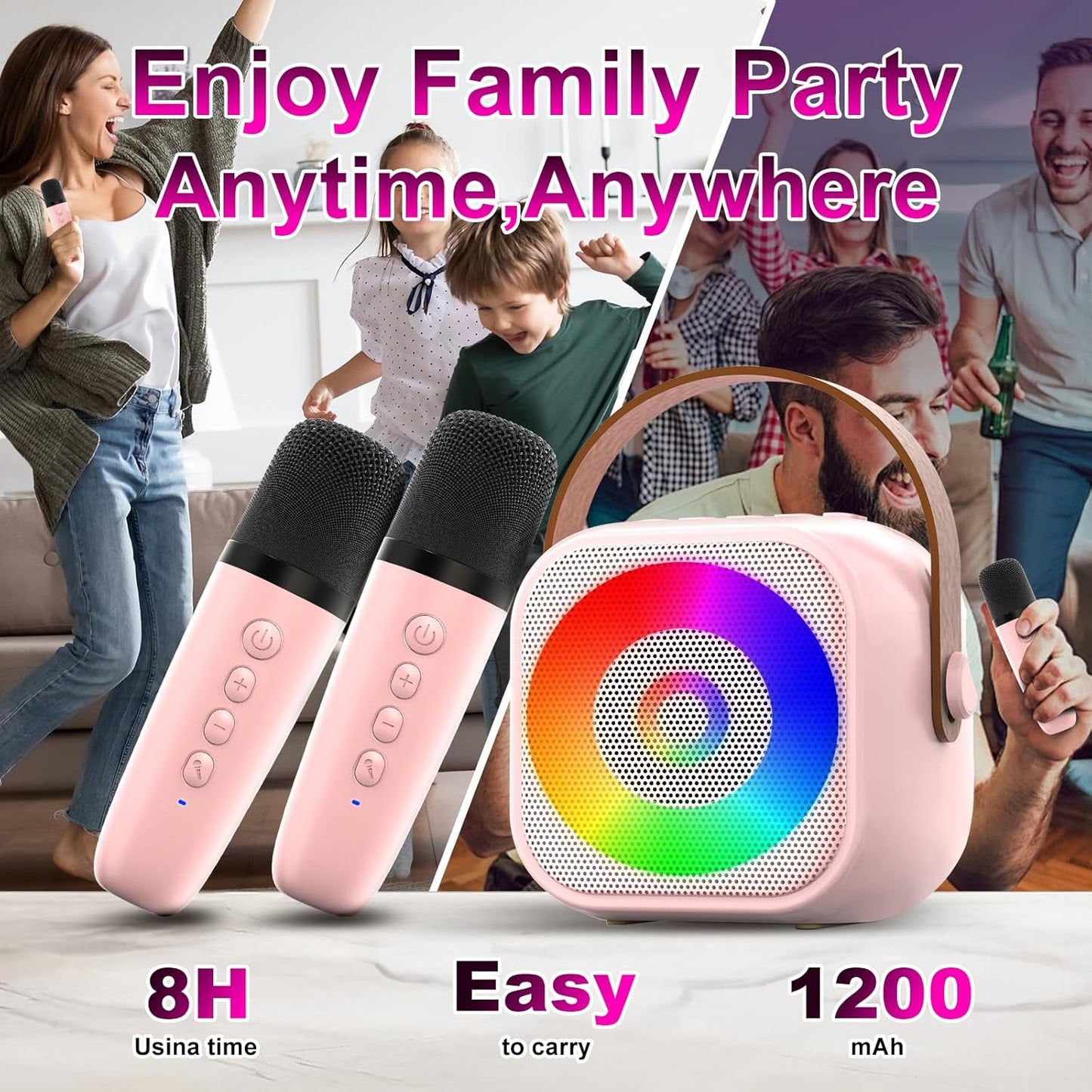 Mini Karaoke Machine, Portable Bluetooth Karaoke Speaker with 2 Wireless Microphone and Lights for Kids and Adults, Chritmas Birthday Gifts for Girls Boys 3-12+ Year Old (Pink)