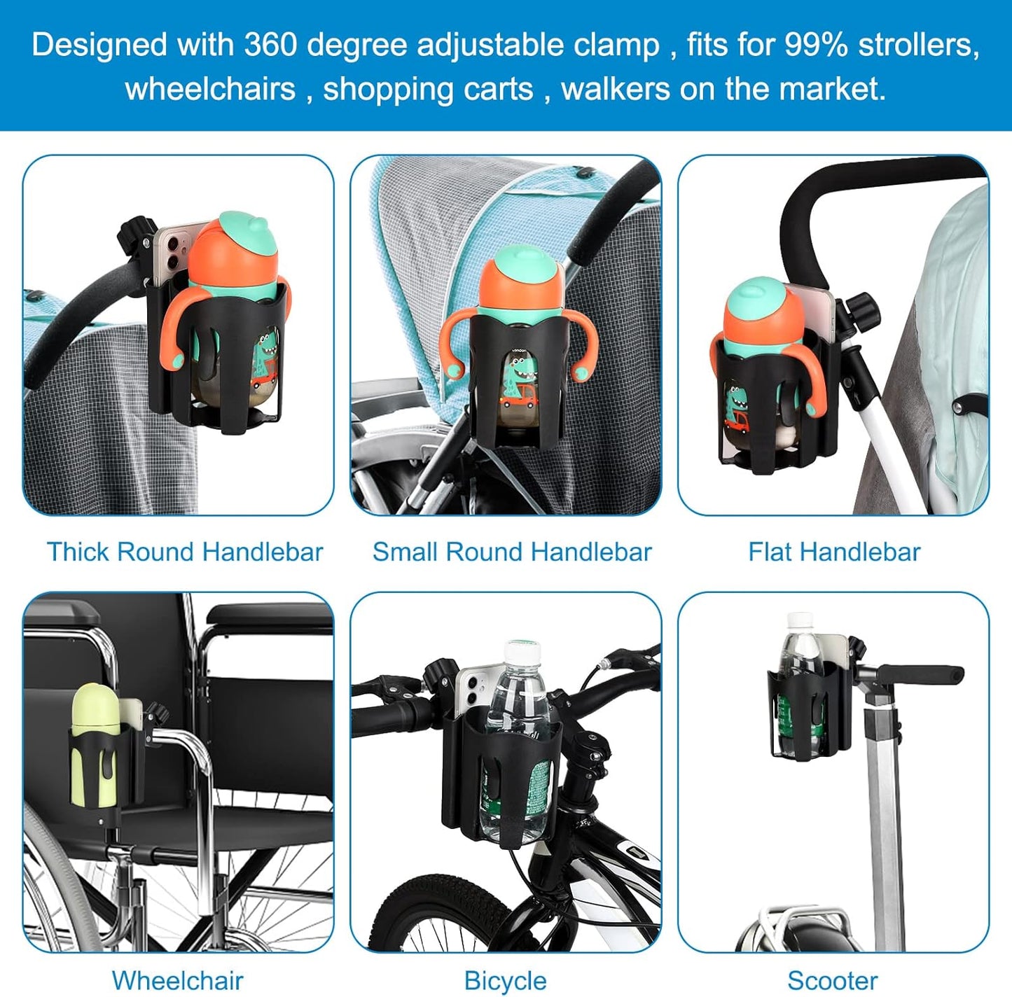 Accmor Stroller Cup Holder with Phone Holder, Universal Cup Holder, Bike Cup Holder, 360° Rotatable Large Caliber Drinks Holder for Stroller, Bike, Wheelchair, Walker