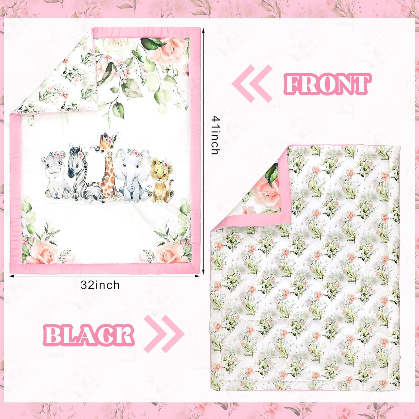 3 Pcs Baby Crib Bedding Set Safari Animals Dinosaurs Bear Woodland Animals Jungle Crib Set Includes Quilt, Fitted Sheet, Skirt for Baby Boy Girl(Pink,Safari)