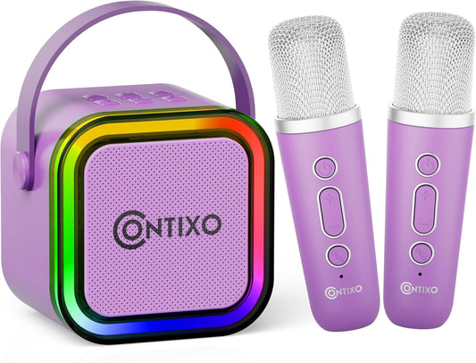 Contixo KS1A Kids Mini Karaoke Machine with LED Lights, 7–10H Playback, Dual Wireless Mics, Magic Voice Effects, Bluetooth Speaker for Children, Portable Singing Toy Gift for Boys & Girls, Purple