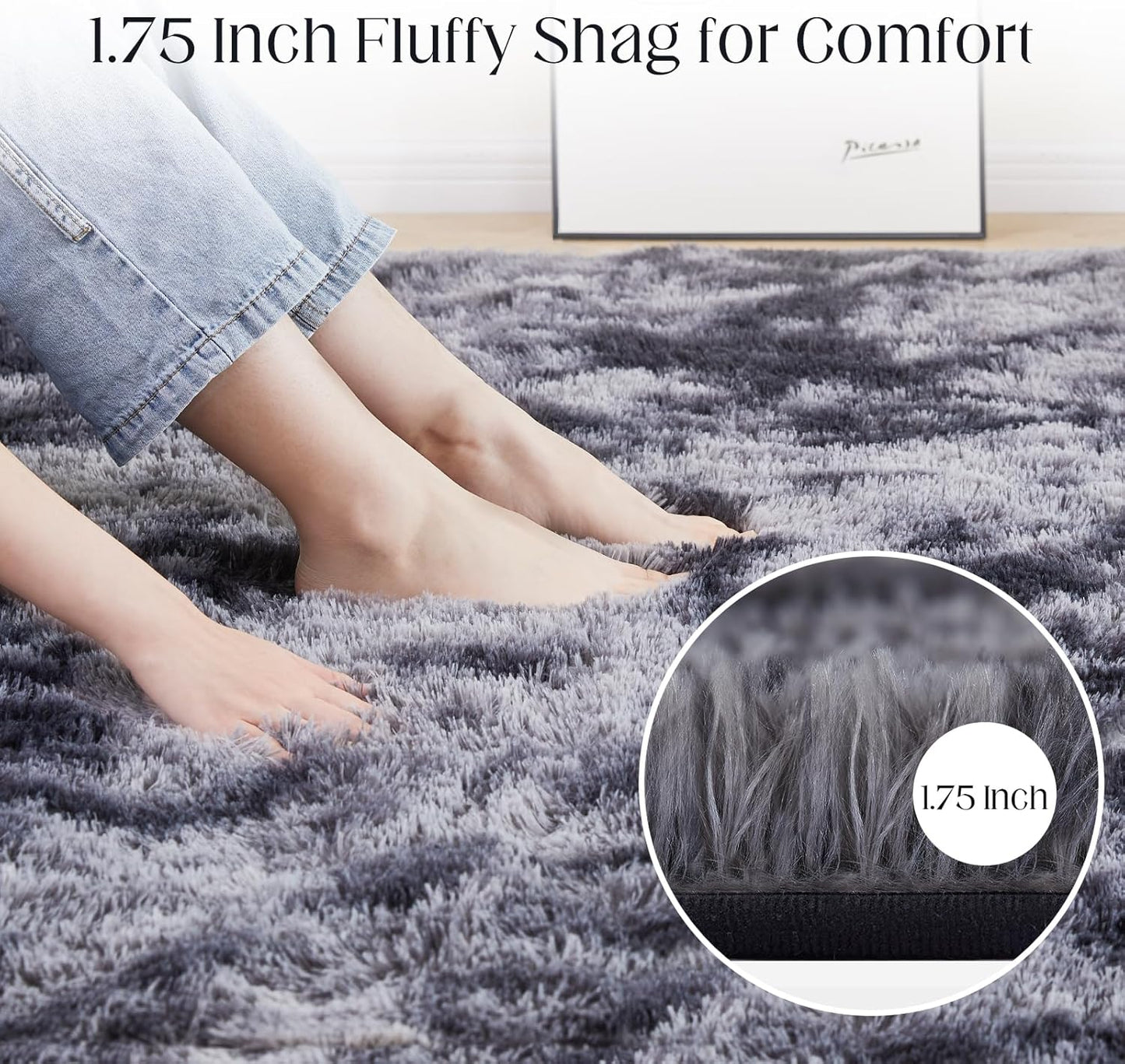 6x9 Area Rugs for Living Room, Fluffy Shaggy Bedroom Rug Indoor Carpet, Anti-Skid Soft High Pile Rug for Nursery, Kids Room, Bedside, Home Decoration, Tie-Dyed Dark Grey