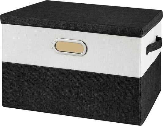 Large Linen Fabric Foldable Storage Bins with Removable Lid and Handles, Washable Storage Box Organizer Containers Baskets Cube with Cover for Bedroom,Closet,Office,Nursery(Black&White, Large)