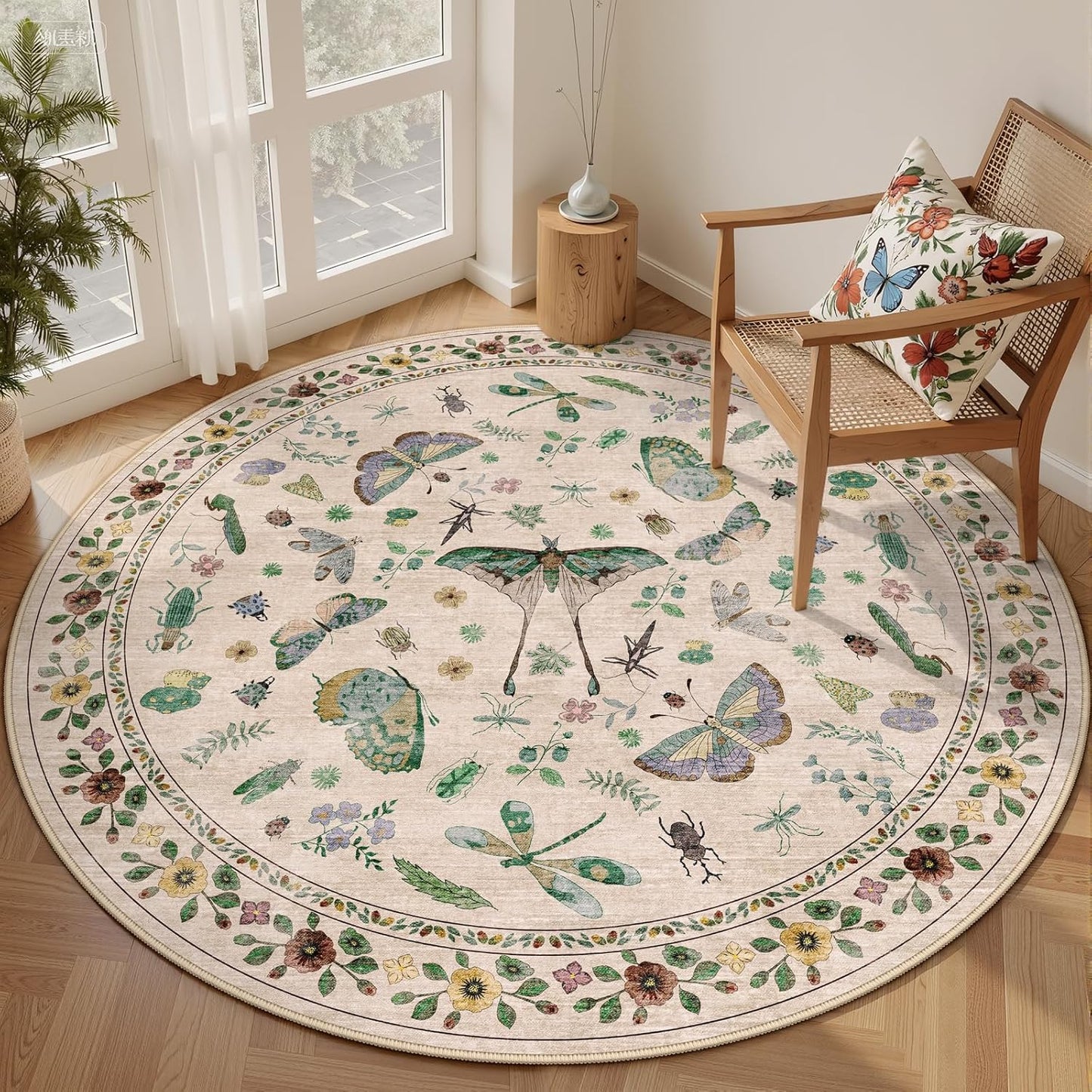 6ft Washable Round Rug - Bug Rugs for Living Room Non-Slip Low Pile Soft Ultra-Thin Machine Washable Circle Carpet for Bedroom, Entryway, Nursery, Kitchen, Home Office (6' Round Beige)