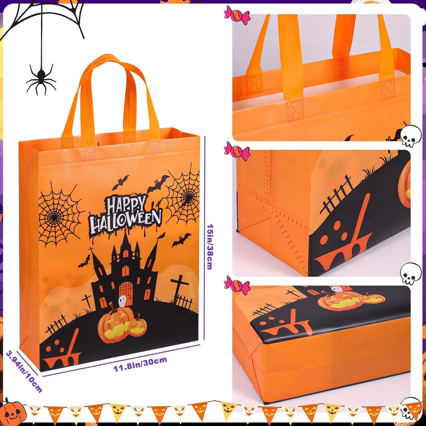6PCS Halloween Trick or Treat Bags Halloween Large Gift Bag Halloween Tote Bags with Handles, Halloween Non-Woven Bags for Trick or Treat, Halloween Party Supplies, 15×11.8×3.9”