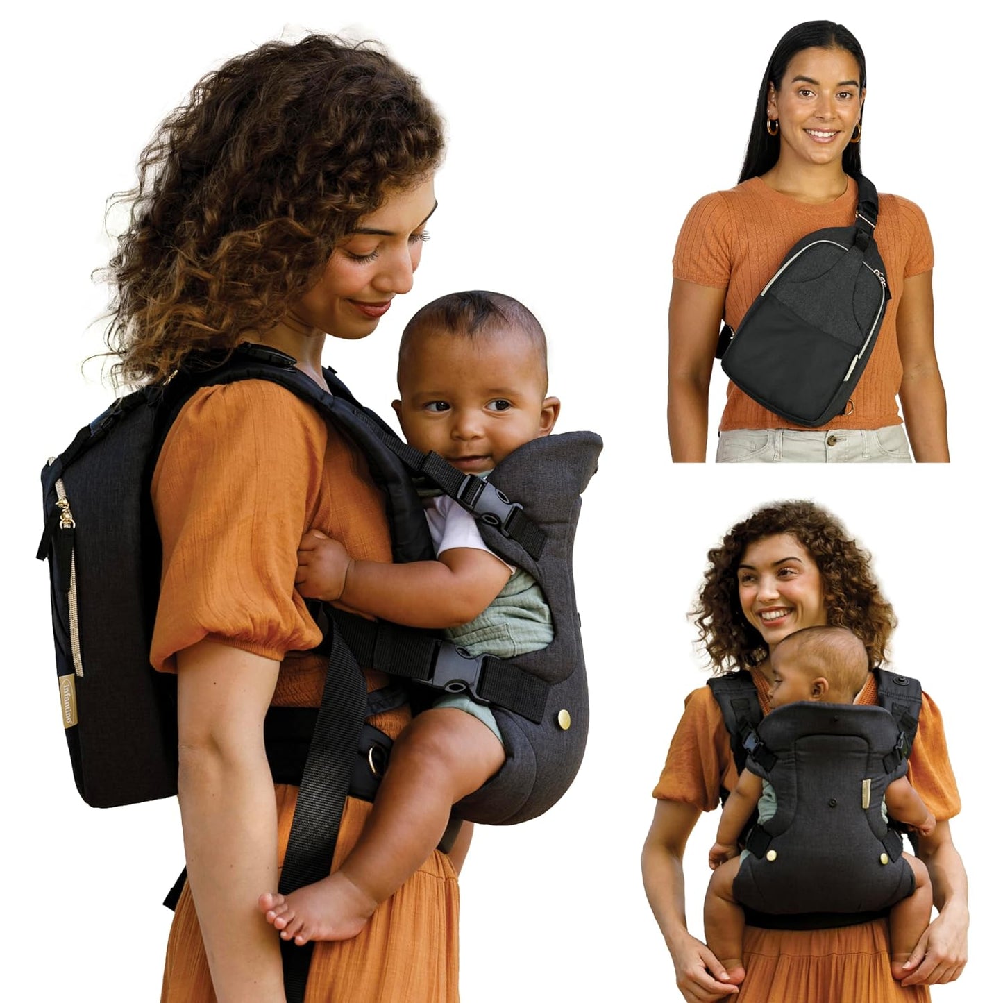 Infantino Flip 4-in-1 Convertible Baby Carrier & Crossbody Diaper Bag - Grow-with-Me Carrier with Attachable Crossbody Diaper Bag, Black and Gold, 2-Piece Set