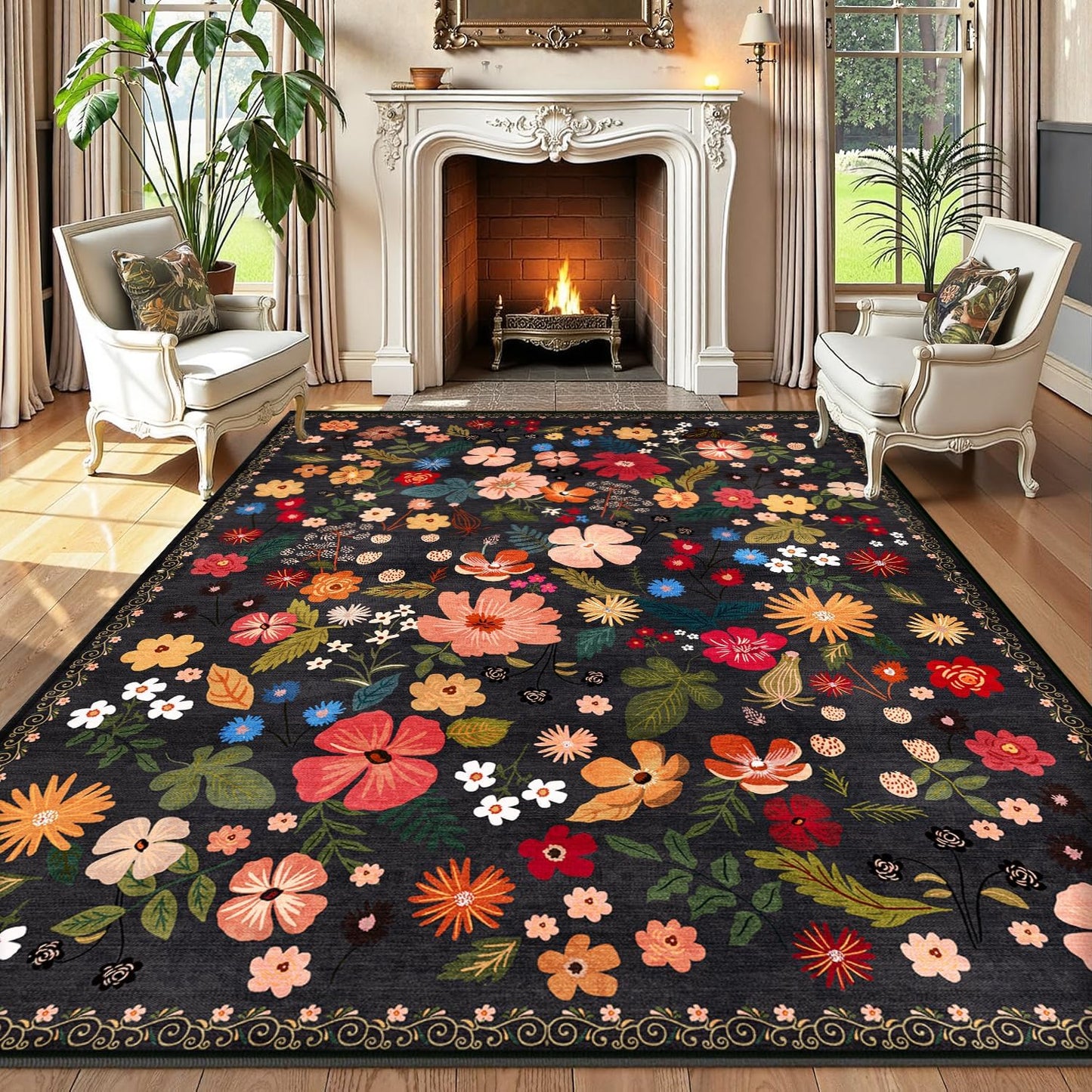 6x9 Living Room Rug Machine Washable Soft Faux Fur Low Pile Vintage Floral Modern Carpet Rugs Boho Non Slip Sound Absorbing Big Area Rugs for Bedroom Office Patio Dining Room Nursery Kids Room,Black