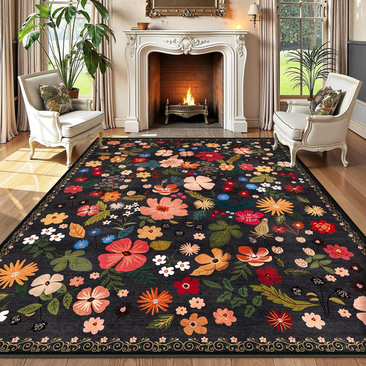 6x9 Living Room Rug Machine Washable Soft Faux Fur Low Pile Vintage Floral Modern Carpet Rugs Boho Non Slip Sound Absorbing Big Area Rugs for Bedroom Office Patio Dining Room Nursery Kids Room,Black