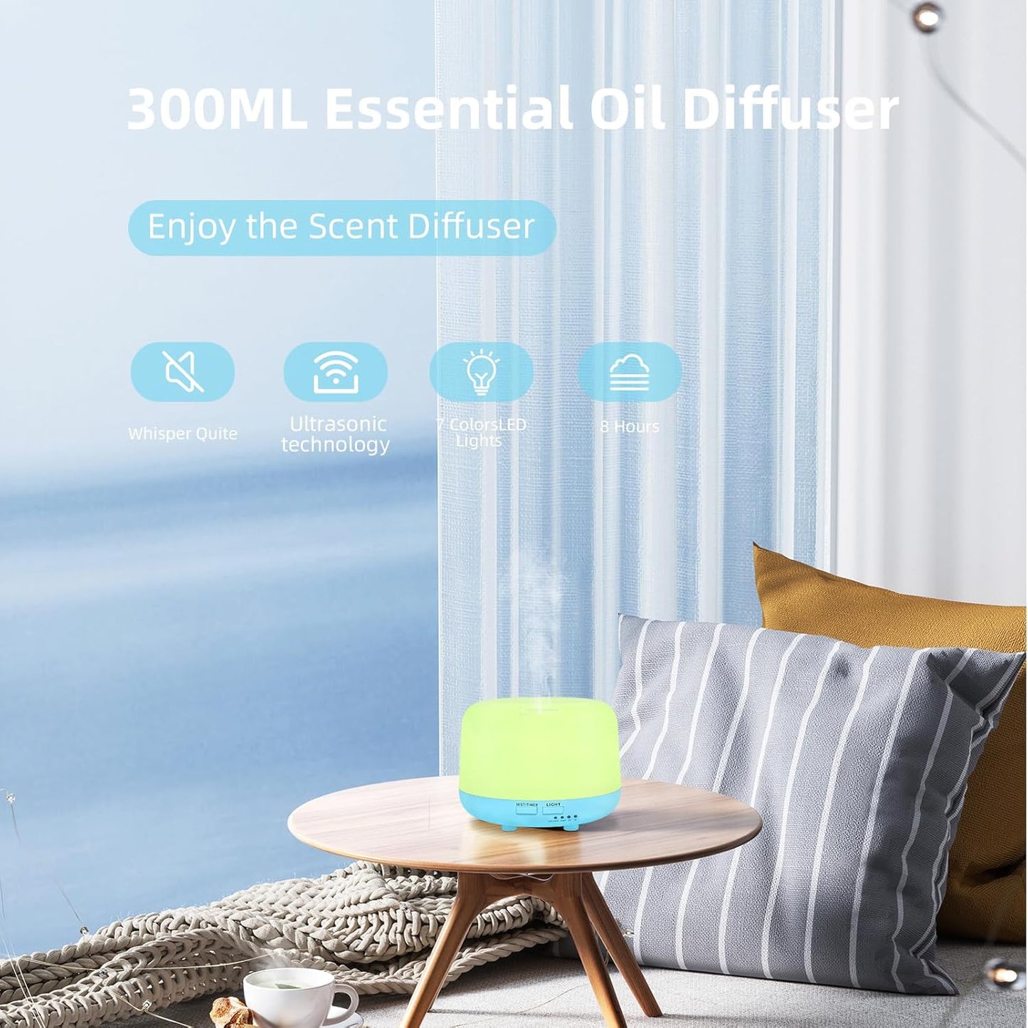 300ML Air Diffuser for Essential Oils, Ultrasonic Aromatherapy Diffuser, Remote Control Aroma Diffuser Humidfer, 7Color Changing LED Light,Auto-Off, Timer for Home, Bedroom, Office, Kids.