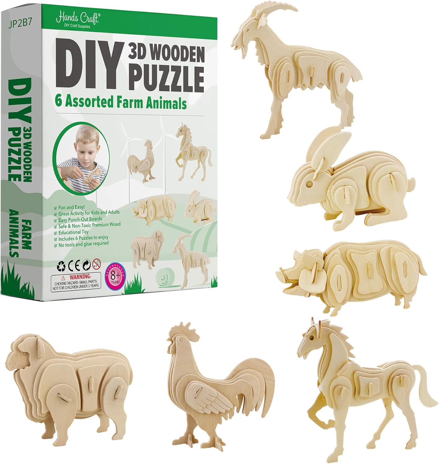 Hands Craft DIY 3D Wooden Puzzle – 6 Assorted Farm Animals Bundle Pack Set Brain Teaser Puzzles Educational STEM Toy Adults and Kids to Build Safe and Non-Toxic Easy Punch Out Premium Wood JP2B7