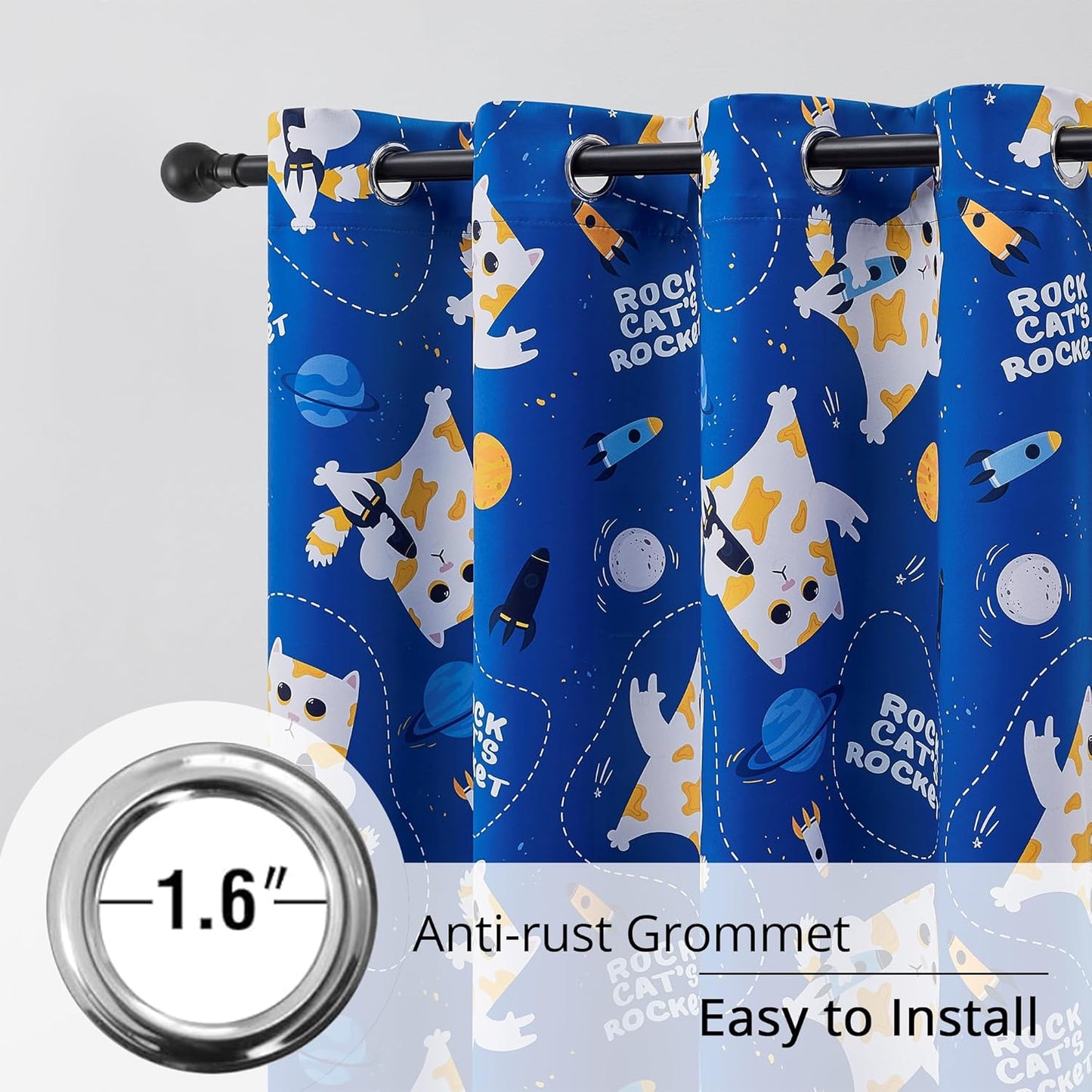 Kids Blackout Curtains - Space Cat Design, 100% Blackout, 2 Panels, Each W52×L84, Thermal Insulated Curtains for Bedroom, Noise Reducing, Combine Functionality with a Fun and Creative Design