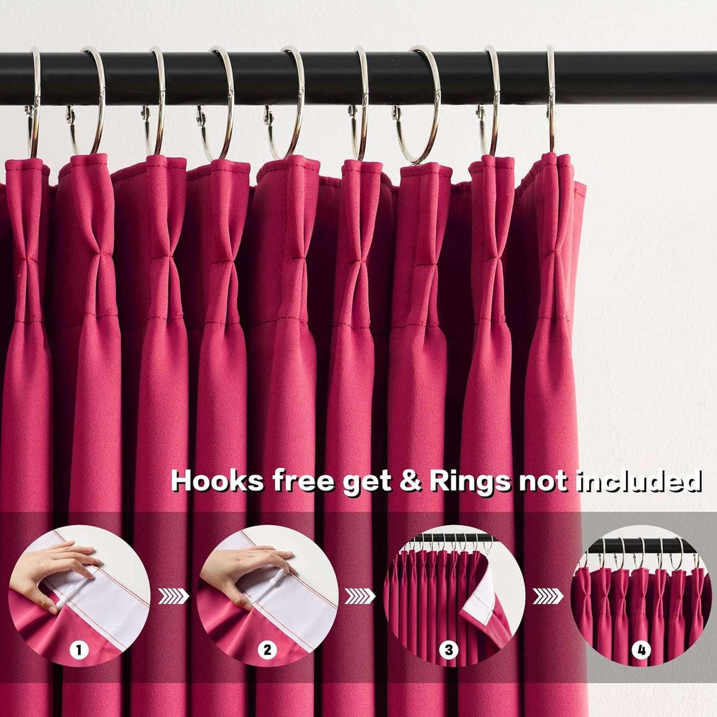 KEQIAOSUOCAI Pinch Pleated Curtains 108 Inches Long, Energy Saving Window Treatment Privacy Drapery for Living Room, Vertical Track System Elegant Hook Panels(Hot Pink, 2 PCs, W40 x L108)