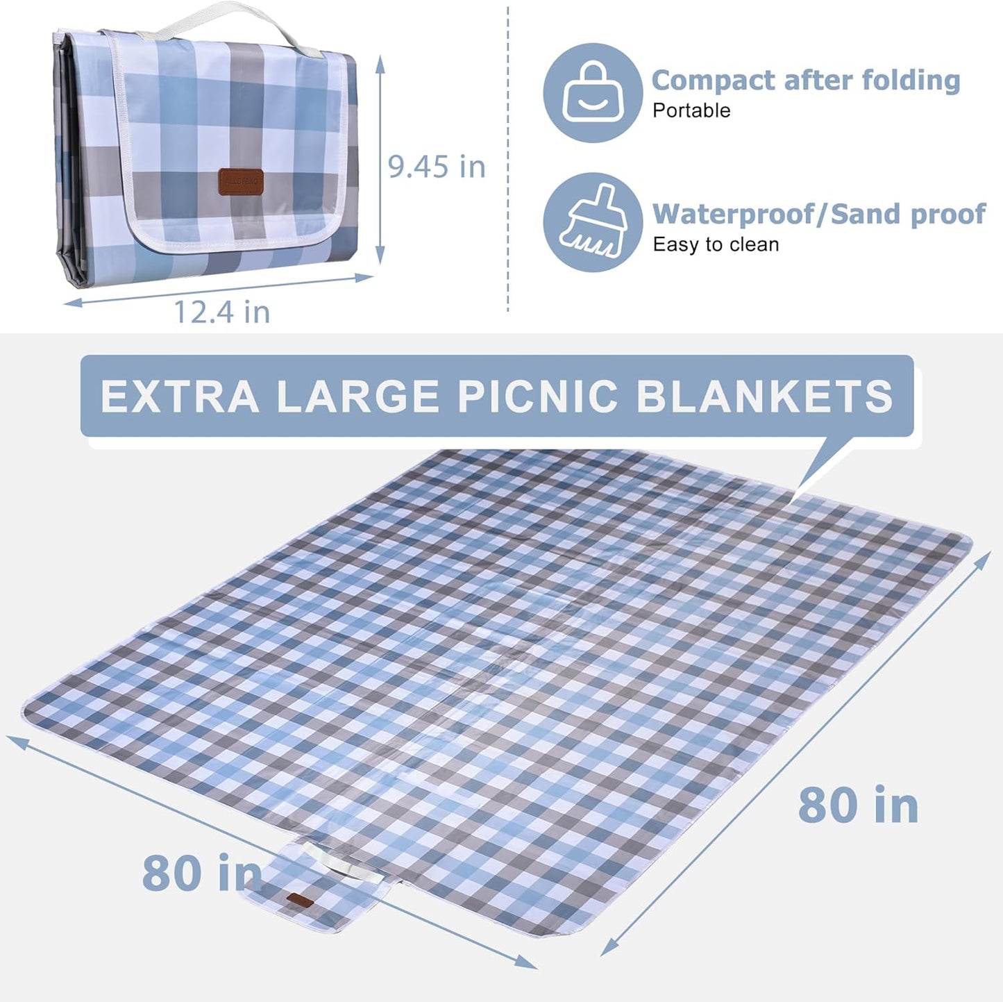80"x80" Extra Large Waterproof Outdoor Mat - Sandproof Foldable Picnic Blanket for Family Camping, Backyard, Beach Parties - Heavy Duty & Easy Storage (Blue&Gray)