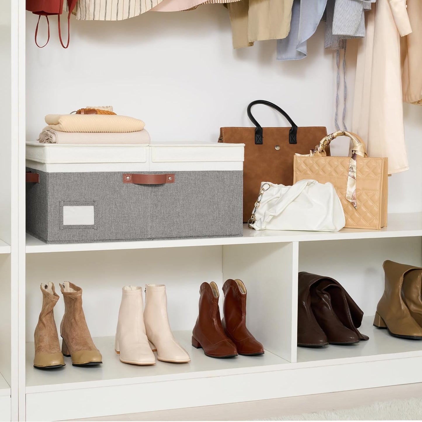 GRANNY SAYS Decorative Storage Boxes with Lid, Large Storage Bins with Double-Open Lid and Divider, Fabric Storage Bins for Clothes, Linen Storage Bins, 63L Closet Storage Bins, White&Gray