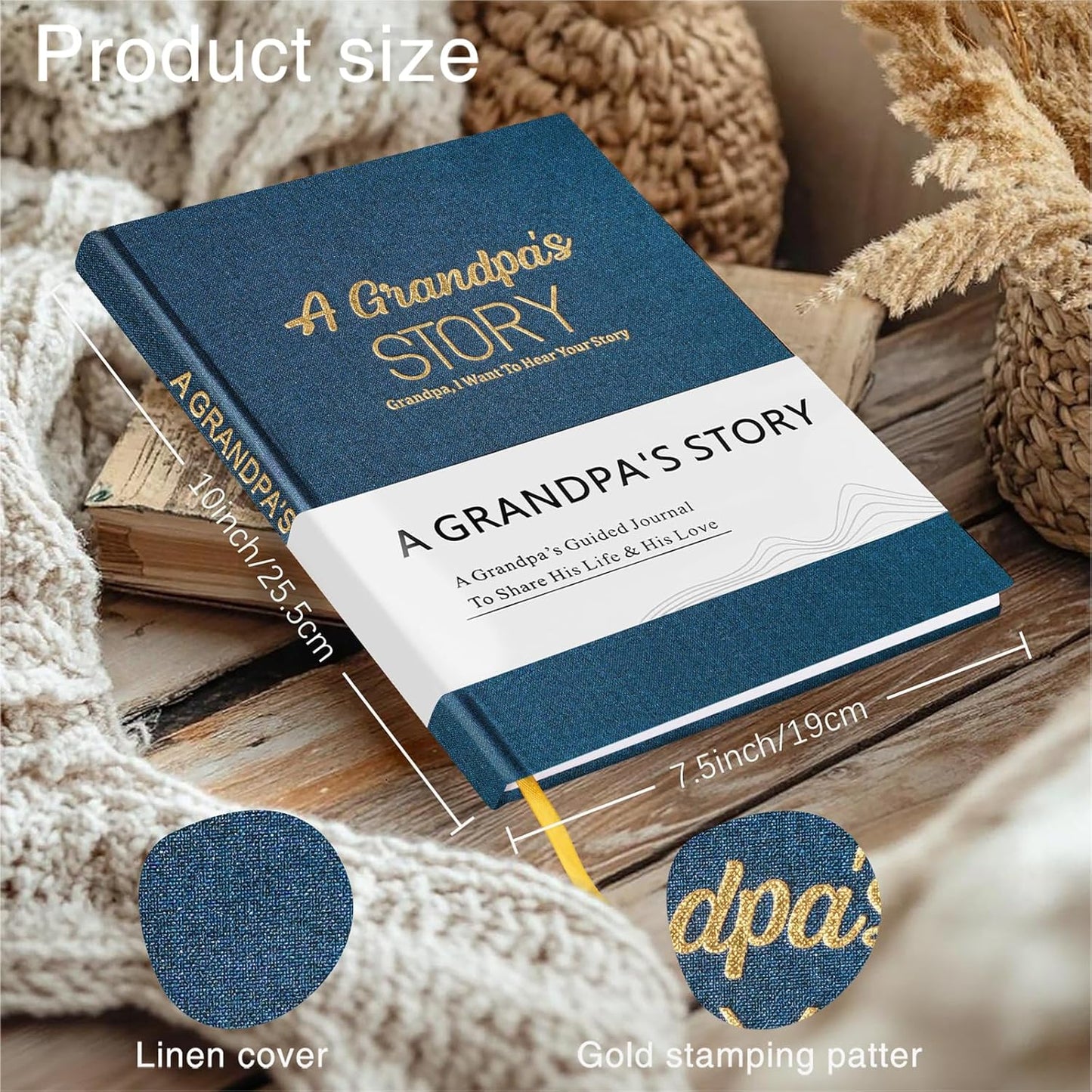 Artmag Grandpa's Life Story Journal Family Keepsake Book Linen Hardcover for Grandpa to Share His Memories, with 250+ Prompt Questions Gift for Birthday Father's Day Christmas (Blue)