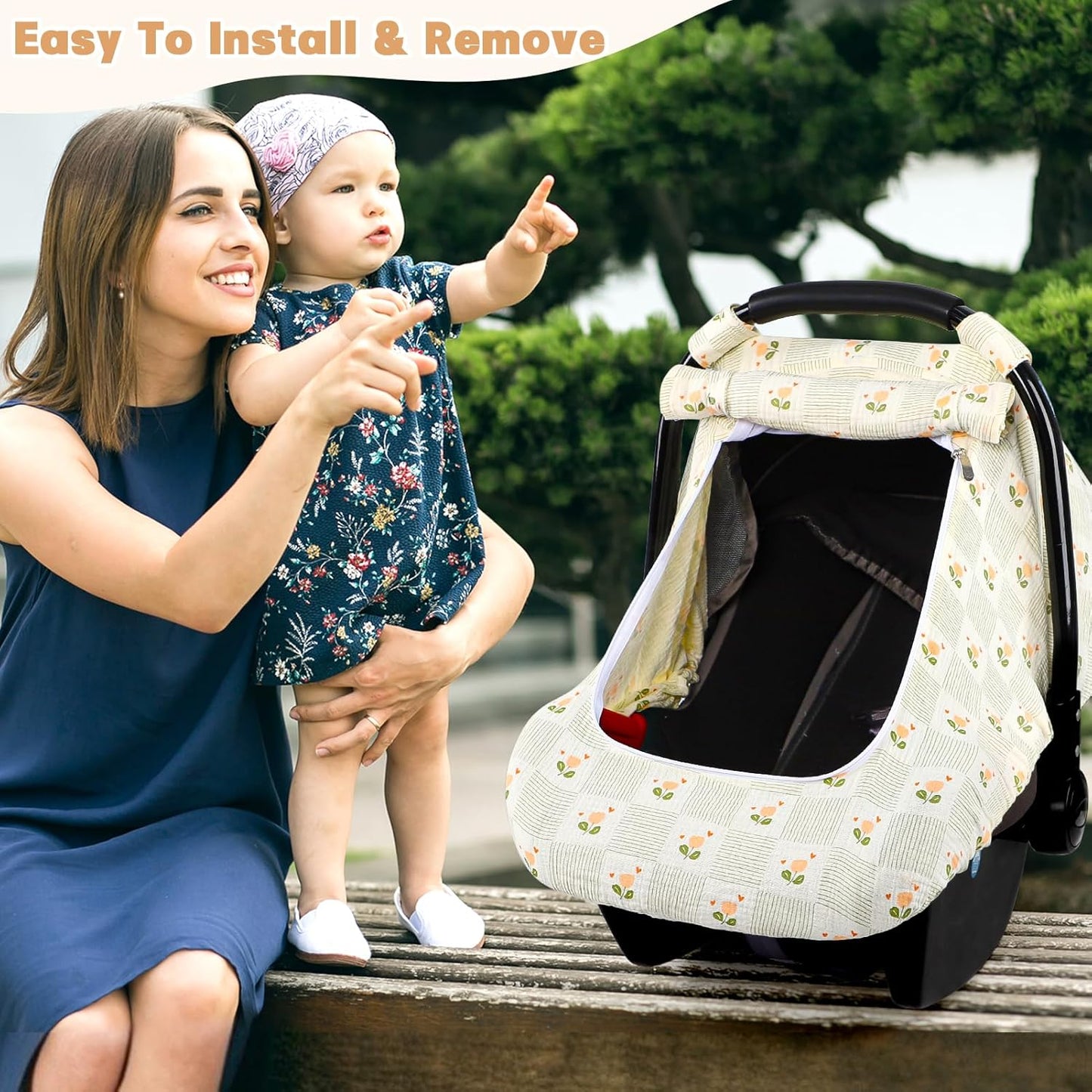 Car Seat Cover Baby, HNHUAMING Muslin Cotton Carseat Covers for Babies Girls Boys Summer Infant Car Seat Covers Canopy, Cozy Newborn Carseat Covers Stroller Cover with Breathable Mesh Window, Floral