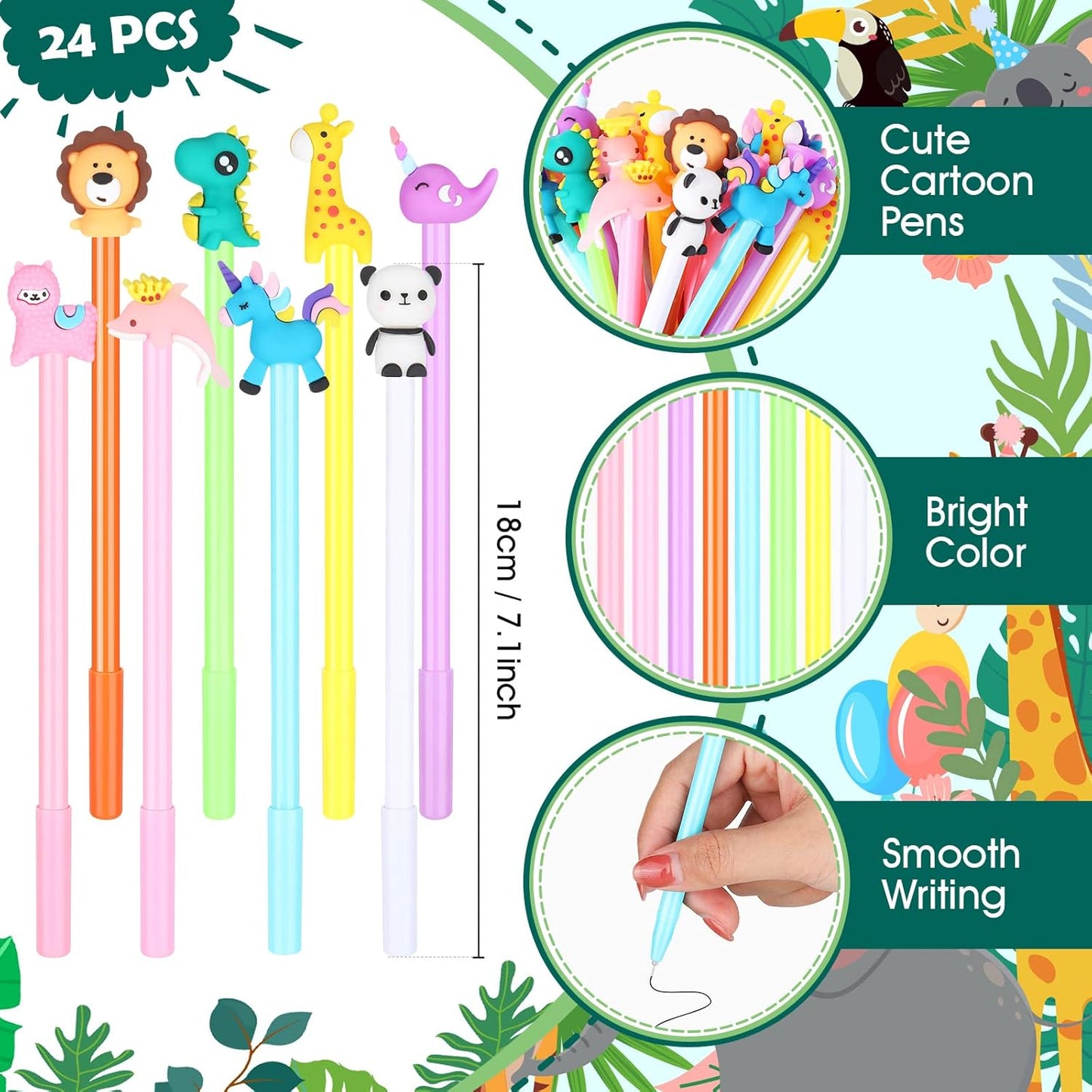 24 Pieces Fun Animal Pens for Kids Cute Cartoon Gel Ink Fun Novelty Pens Bulk Birthdays Gift for Kids Daughter Girls Students Classroom Friends Black Ink Back to School Present(Animal Style)