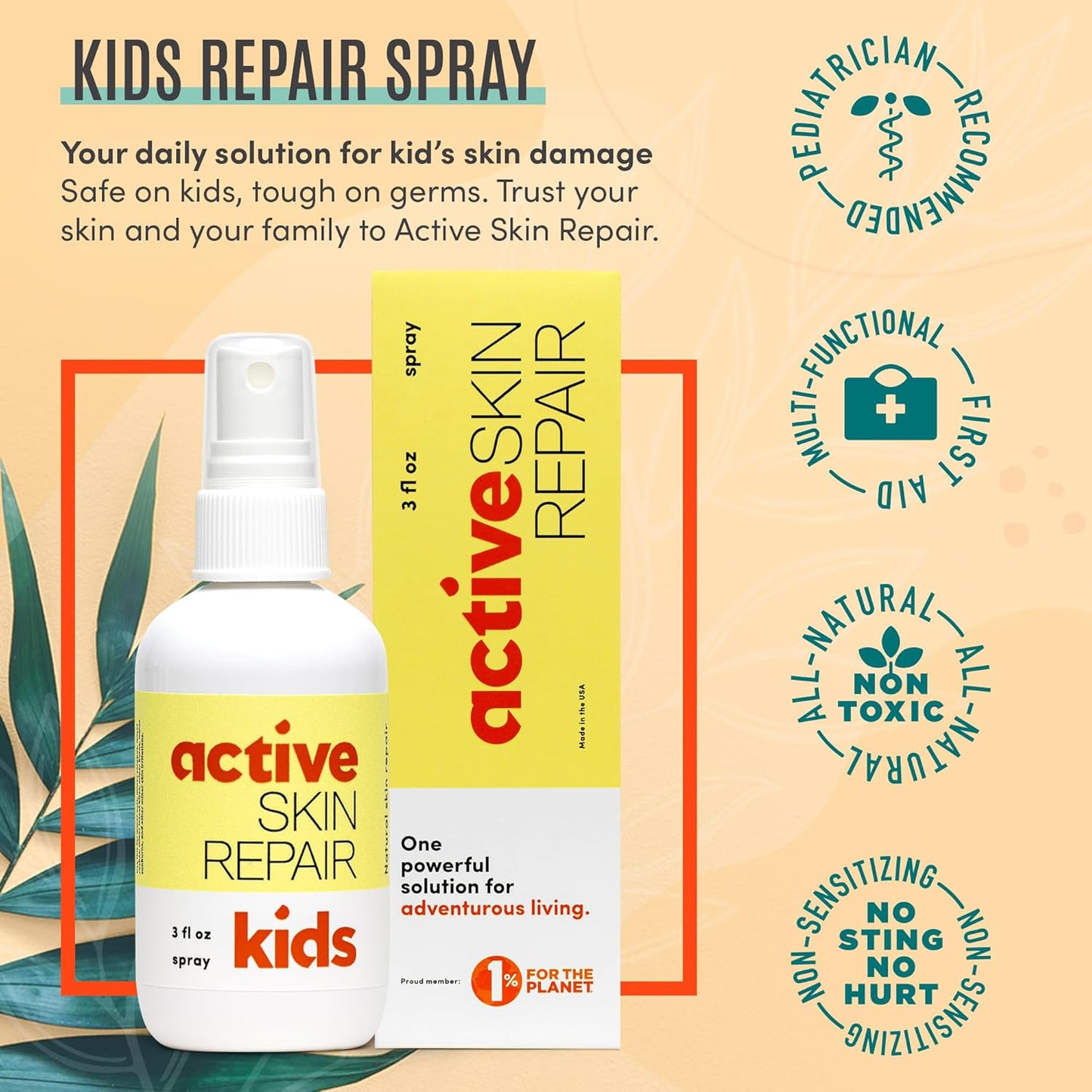 Active Skin Repair Kids First Aid Spray - Non-Toxic & Natural Kids Antiseptic Formula for Minor Cuts, Wounds, Scrapes, Rashes, Sunburns, and Other Skin Irritations (3oz Spray)