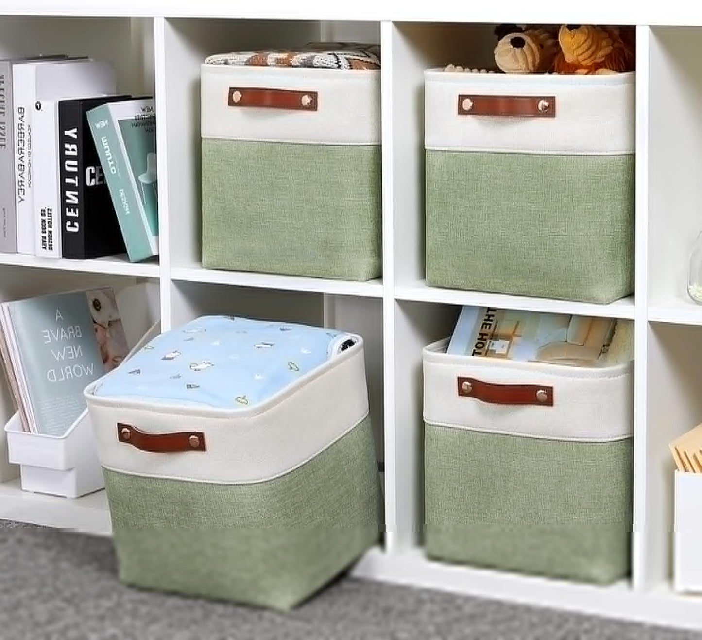 DULLEMELO Storage Baskets for Organizing, Fabric Storage Cubes for Dog Toy Box, 11 Inch Decorative Cube Storage Bins with handle for Baby Gift Basket(4 Pack - 11" White&Green)