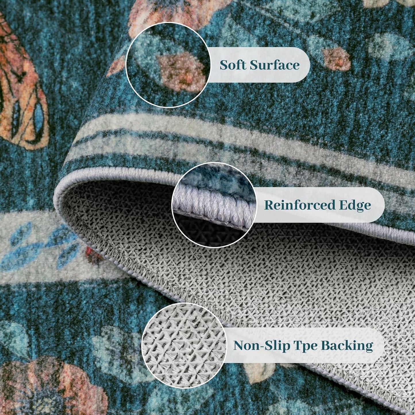 3x5 Washabl Rug with Insect Print - Bug Rug Non-Shedding Stain Resistant Soft Small Carpet for Bedroom, Low Pile Ultra-Thin Machine Washable Carpet for Nursery,Entrance, Office (3'x5' Teal)