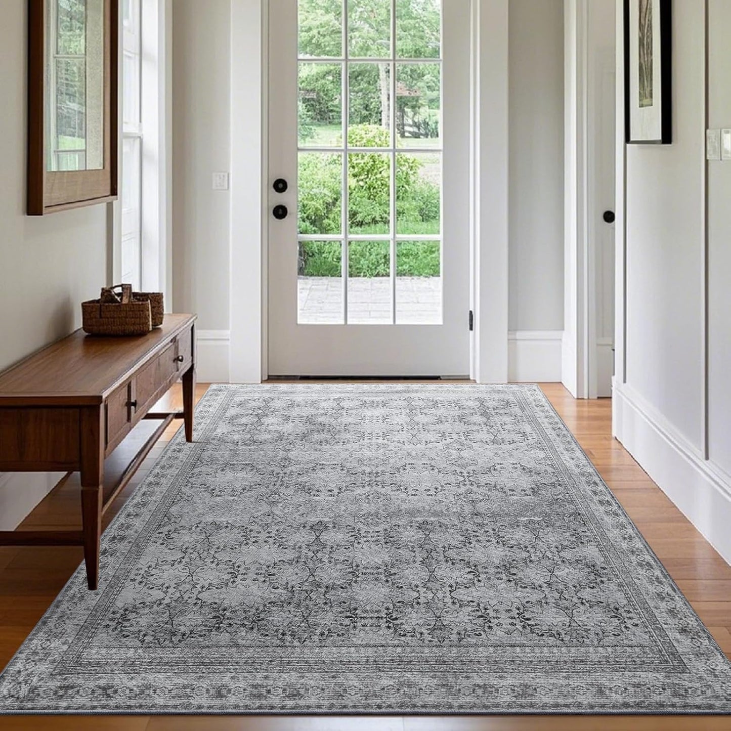 6x9 Washable Area Rug Non Slip, Faded Grey Living Room Rugs Low Pile, Thin Vintage Floral Carpets, Indoor Large Distressed Print Carpet for Bedroom Dining Room Farmhouse Home Office College Dorm