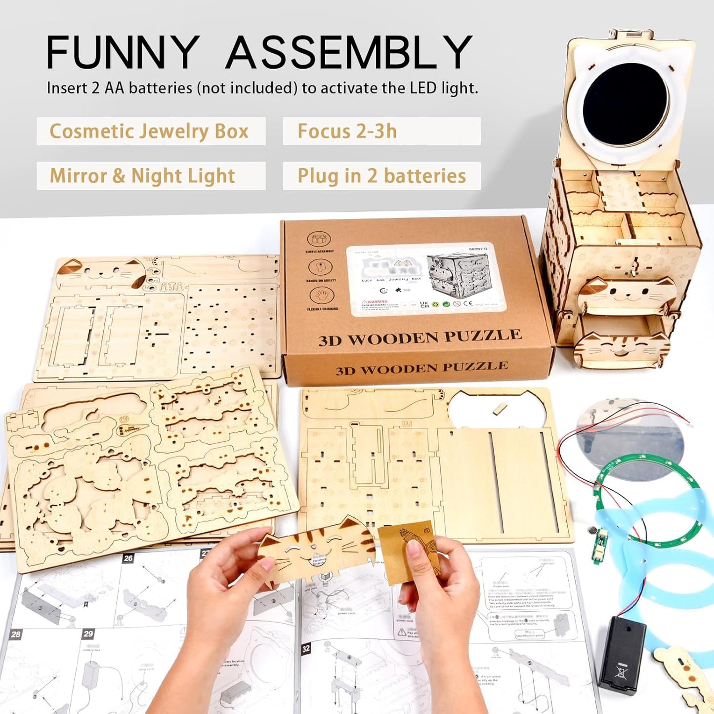 3D Wooden Puzzles for Adults: DIY Jewelry Box with Mirror, Cat Model Craft Kit, Creative Gift for Women Men Birthday Christmas Home Decor and Storage