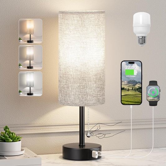 Grey Bedside Lamp for Bedroom Nightstand - Small Table Lamp with USB A + C Charging Port, 3 Color Temperatures Pull Chain Night Stand Light with Bulb, Side Table Desk Reading Lamp for Living Room/Dorm