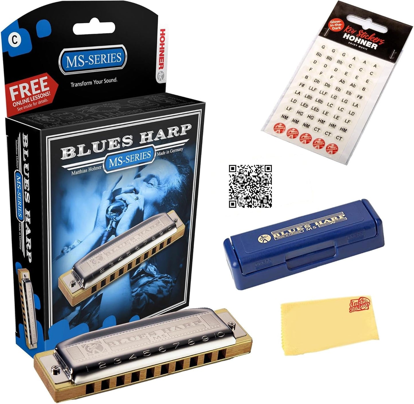 Hohner 532 Blues Harp MS Harmonica - Key of E Bundle with Case, Key Stickers, Harmonica Beginner Online Manual, and Austin Bazaar Polishing Cloth
