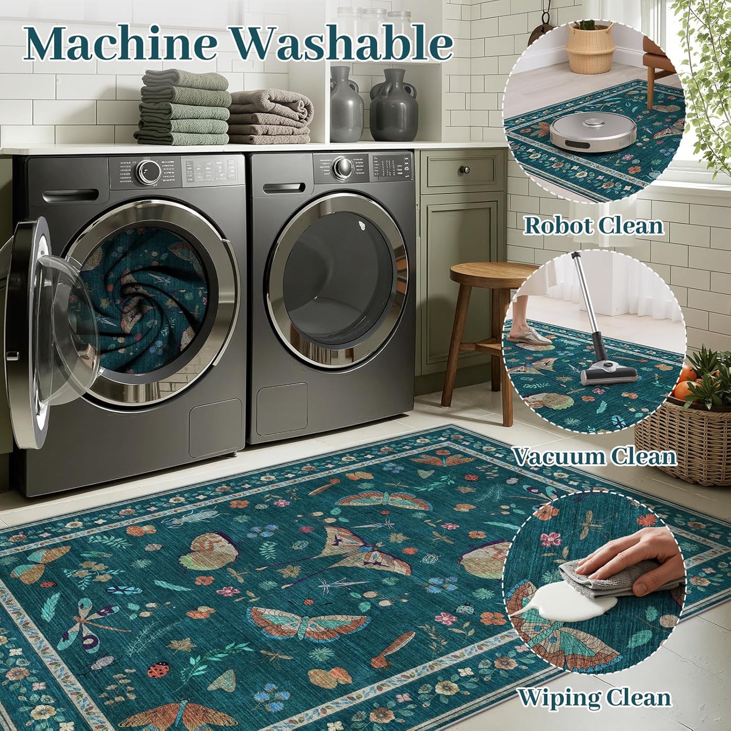 3x5 Washabl Rug with Insect Print - Bug Rug Non-Shedding Stain Resistant Soft Small Carpet for Bedroom, Low Pile Ultra-Thin Machine Washable Carpet for Nursery,Entrance, Office (3'x5' Teal)