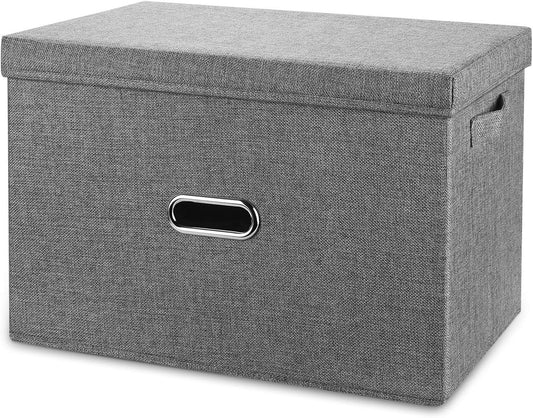 Linen Fabric Collapsible Storage Bins with Removable Lids and Handles, Washable Storage Box Containers Baskets Cube with Cover for Bedroom,Closet,Office,Living Room,Nursery (Grey, Small)