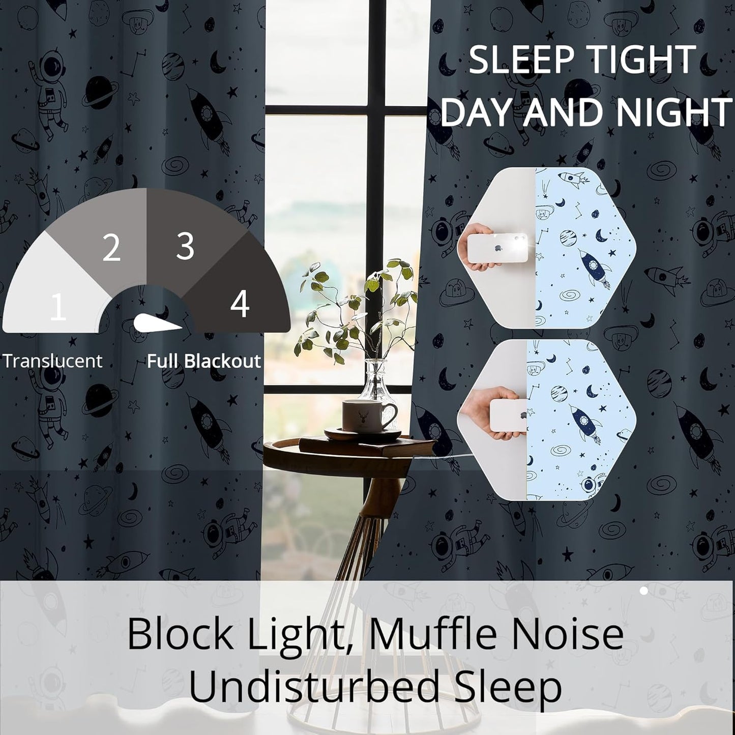 Kids Space Rocket and Astronaut Blackout Curtains - 100% Blackout, Thermal Insulated, Noise Reducing, Perfect for Kids Room and Nursery, 2 Panels (Sky-Blue Space Doodles, W52×L84)