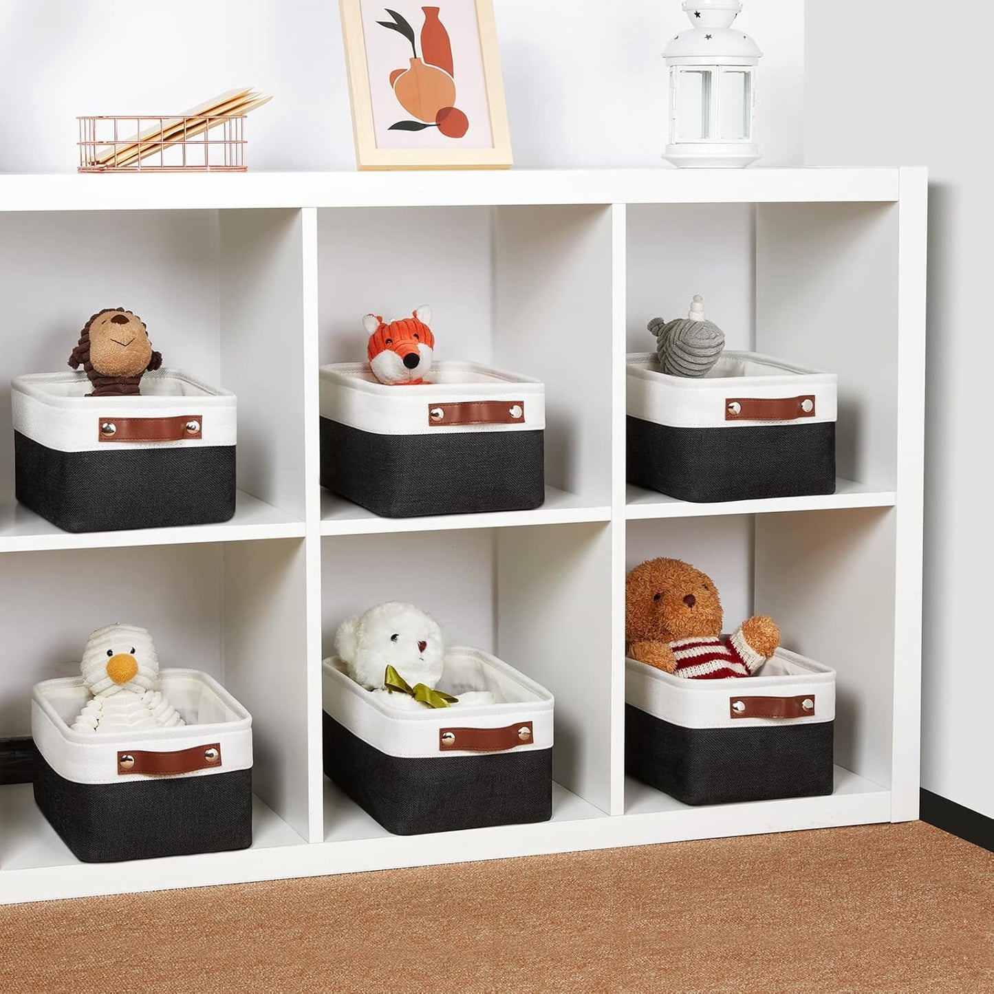 DULLEMELO Small Storage Baskets 6 Pack, Fabric Collapsible Gift Storage Baskets for Shelves, Closets, Nursery, Home, Office Organizing,Small Canvas Linen Rectangular Storage Bins (White&Black)