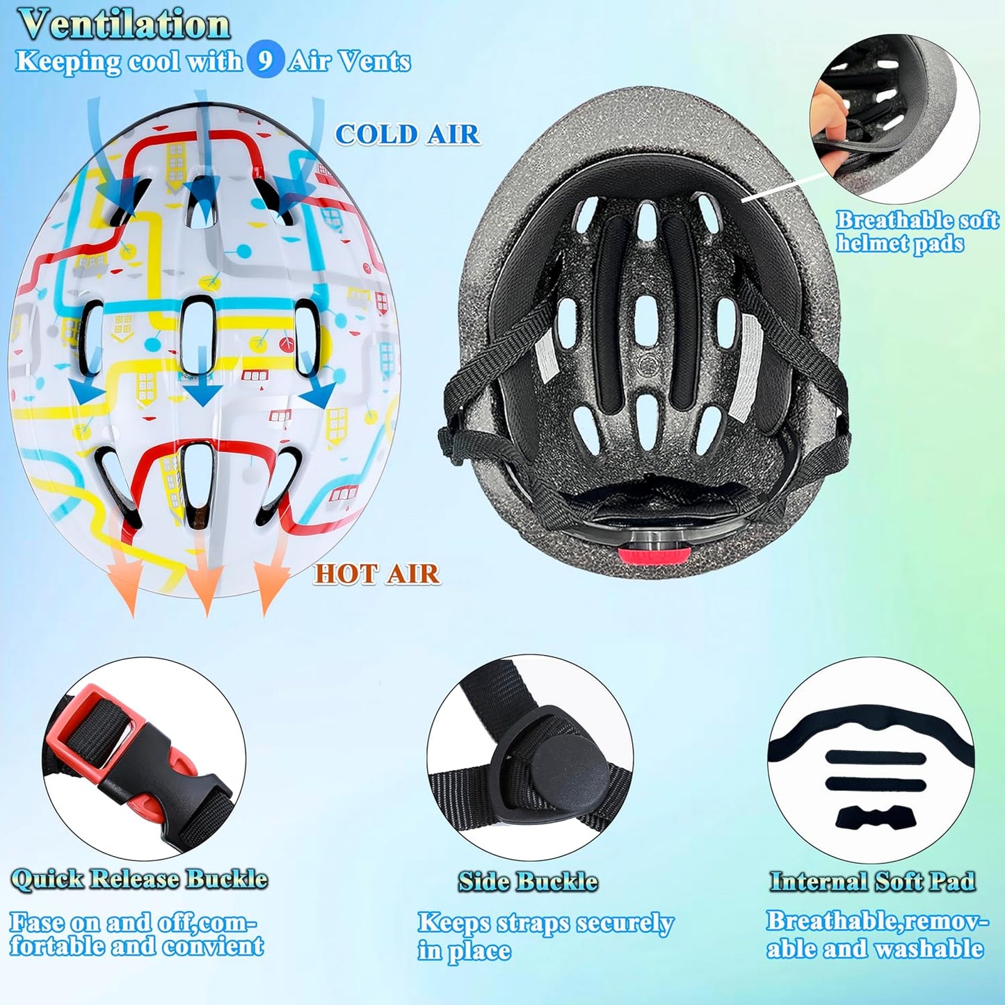 Kids Helmet Adjustable for Kids Ages 3-8 Years Old Boys Girls, Toddler Helmet with Protective Sports Gear Set Knee Elbow Pads Wrist Guards for Cycling Skateboard Scooter