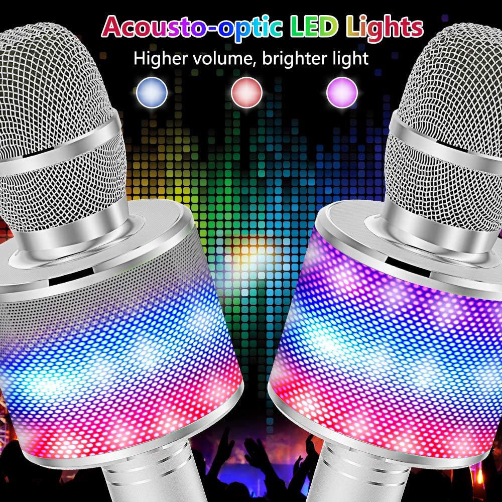 Amazmic Kids Karaoke Microphone Machine Toy Bluetooth Microphone Portable Wireless Karaoke Machine Handheld with LED Lights, Gift for Children Adults Birthday Party, Home KTV(Silver)
