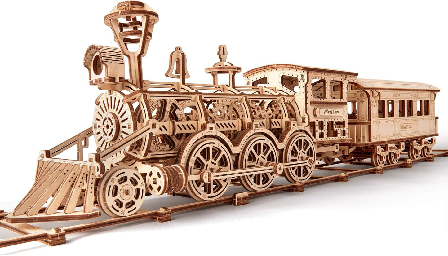 Wood Trick Wooden Toy Train Set with Railway - 34x7″ - Locomotive Train Toy Mechanical Model Kit - 3D Wooden Puzzles for Adults and Kids to Build - Engineering DIY Models for Adults to Build
