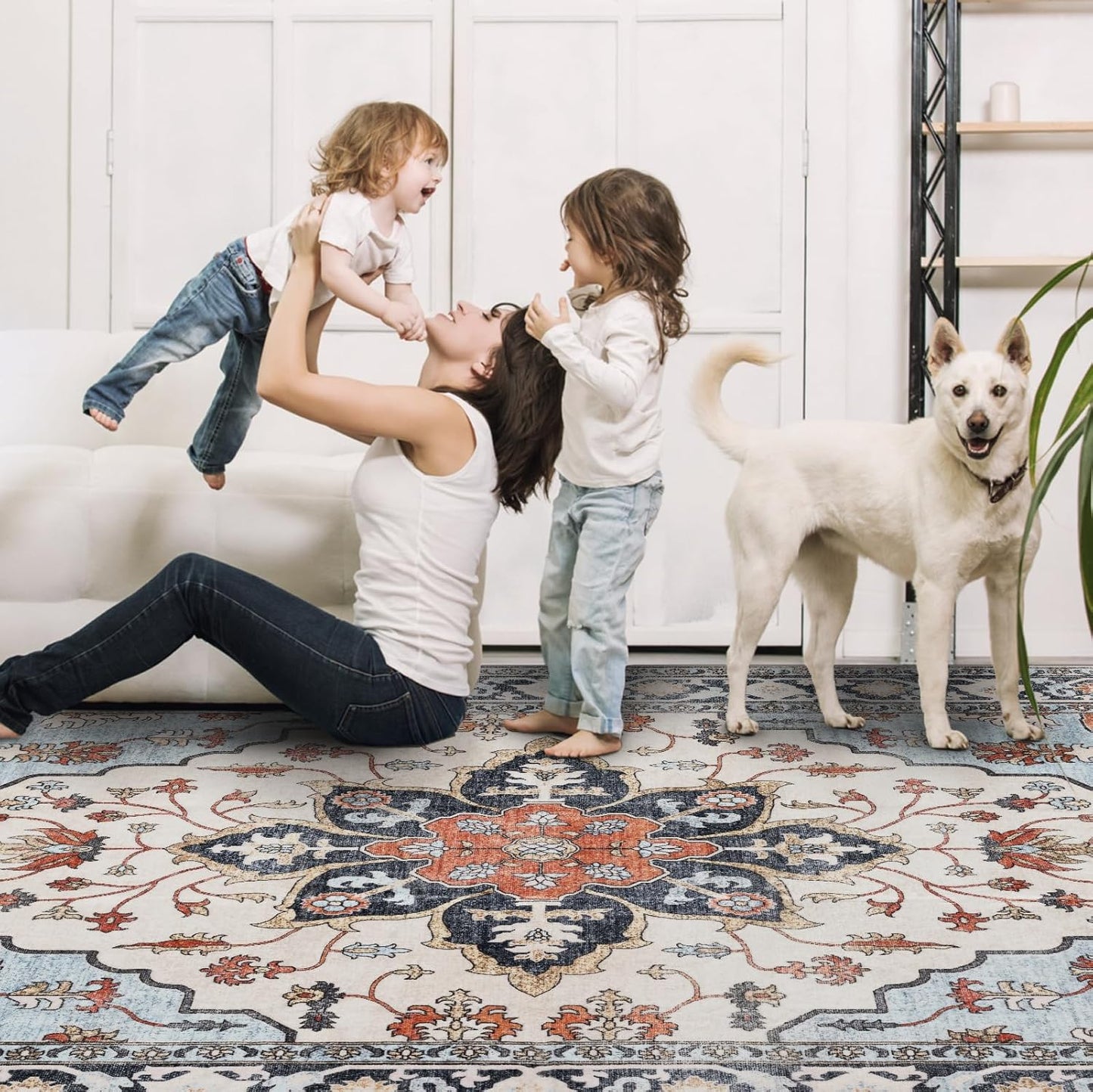 4x6 Washable Area Rug for Living Room, Carpet for Bedroom, Soft Faux Wool Retro Dining Room Rug, Non Slip&Non-Shedding Resistant Low Pile Vintage Print Rug for Home Office (Blue/Gray)