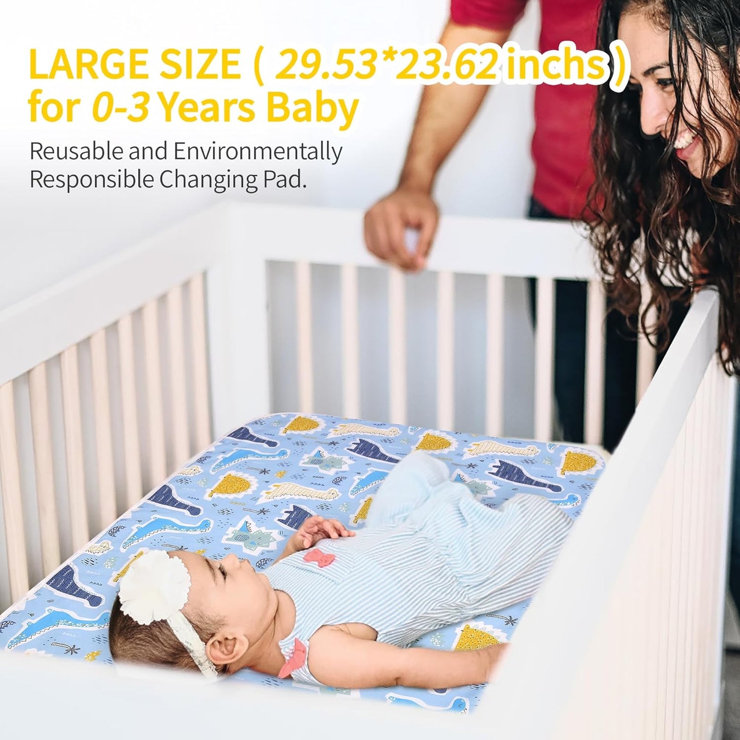 2Pcs Diaper Changing Pads for Baby, Dinosaur Change Mat, 3Layers Waterproof Change Pad Foldable Absorbent Mats for Women, Reusable Incontinence Underpads for Patient 24''x30'' (Colorful Dinosaur)