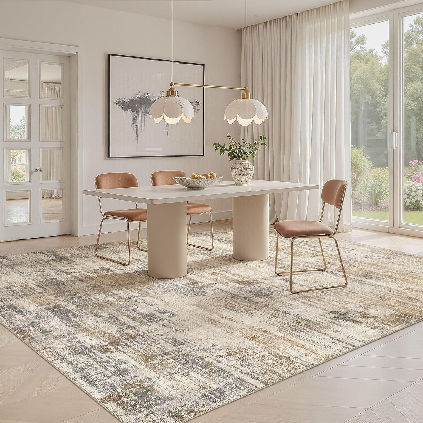 Area Rug for Living Room: 8x10 Washable Neutral Abstract Modern Soft Rugs Non Slip Indoor Floor Stain Resistant Large Carpet for Bedroom Dining Room Office Nursery - Golden Brown