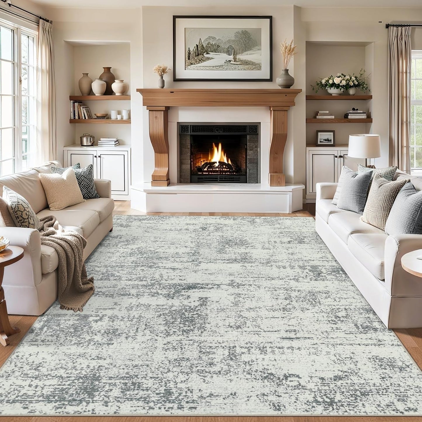 Area Rugs 10x14 Living Room - Washable Rug Modern Abstract Soft Large Neutral Non-Slip Carpet Indoor Floor Thin Carpets for Bedroom Dining Room Farmhouse Nursery Home Office Grey
