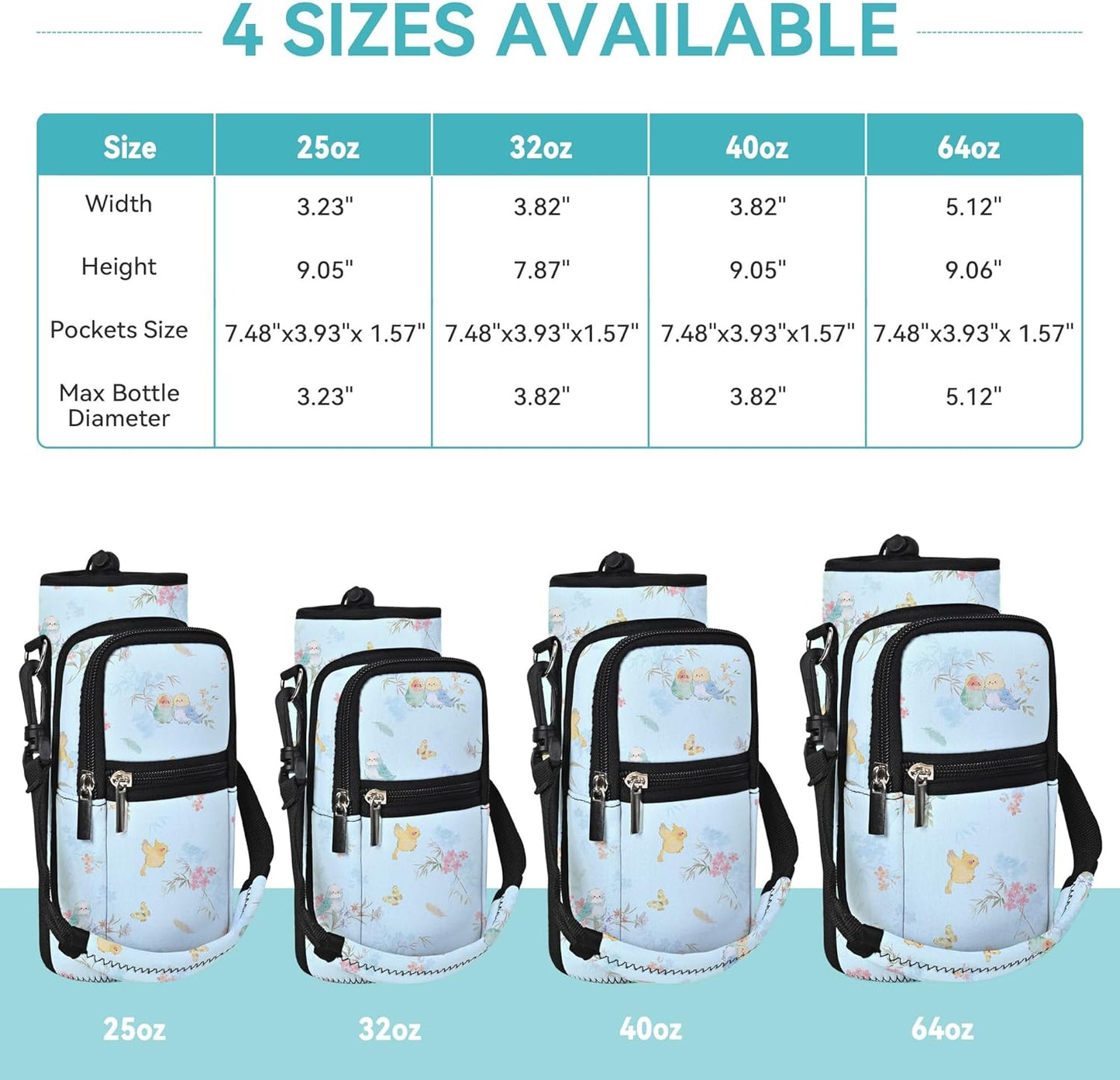 25/32/40/64oz Water Bottle Bag Holder Carrier-Insulated Crossbody Sling Case Sleeve with Strap & Pockets for Men Women Gym Cycling Travel Walking Hiking Camping