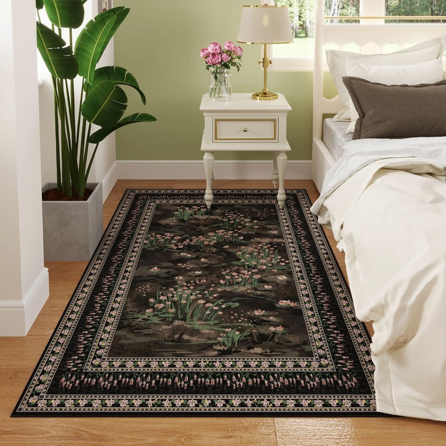 4x6 Rug for Bedroom Impressionist-Style Vintage Washable Rugs Non Slip Low Pile Small Carpet for Bedside Kids Room Office Dining Room, Black