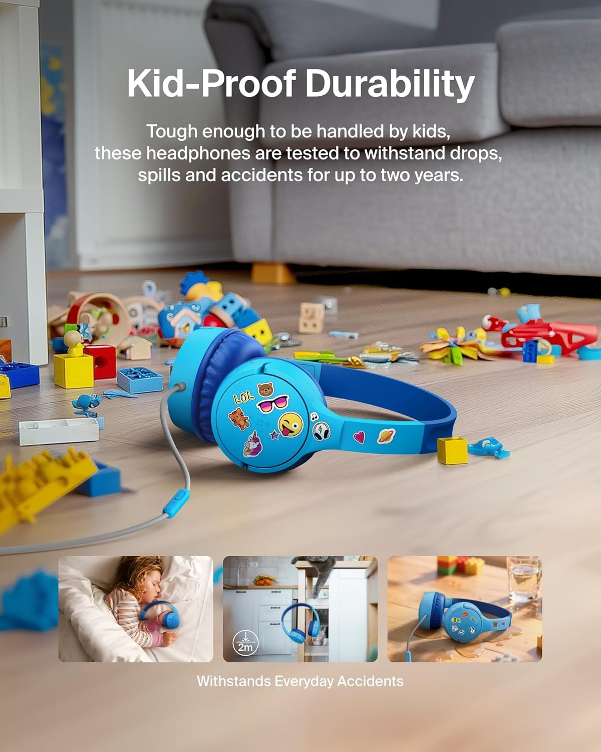 Belkin SoundForm Mini Kids Wired Headphones w/USB C to 3.5mm Dongle, Built-in Mic & Fun Stickers, 85dB Max Volume – for Online Learning, Travel, Compatible w/iPhone 16, iPad, Galaxy S25, etc - Blue