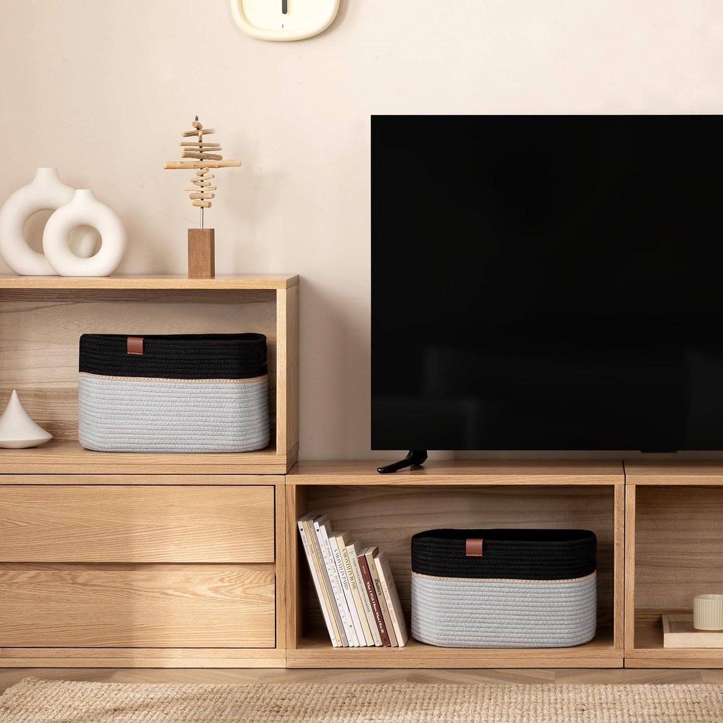 UBBCARE 2 Pack Baskets for Organizing, Woven Storage Baskets with Label for Toys and Towel, Rectangle Cotton Rope Basket with Handles, 15''L x10''W x9''H, Black&Grey