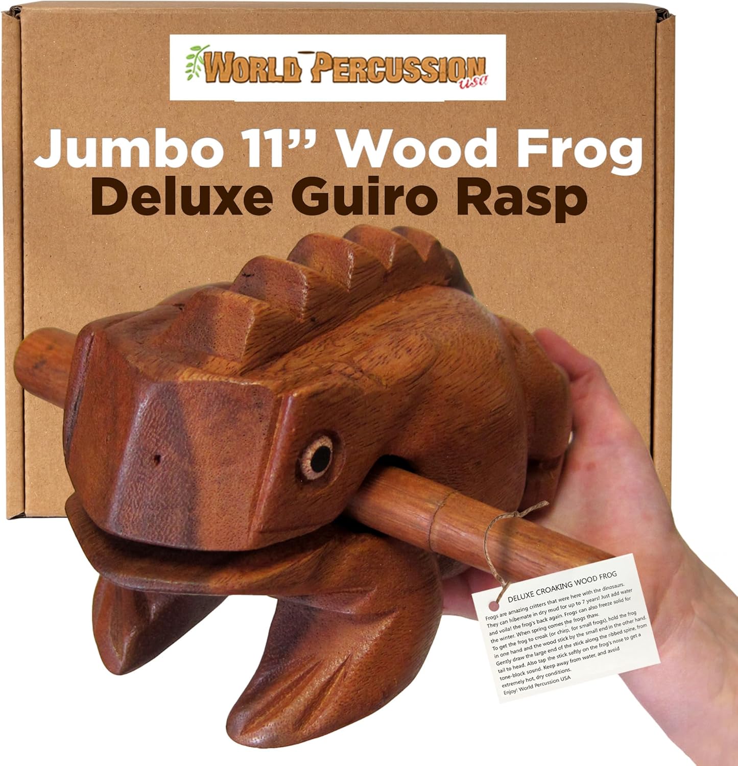 Deluxe Jumbo 11" Wood Frog Guiro Rasp - Percussion Musical Instrument Tone Block - Wooden Instrument with Stick, Frog Noise Maker by World Percussion USA