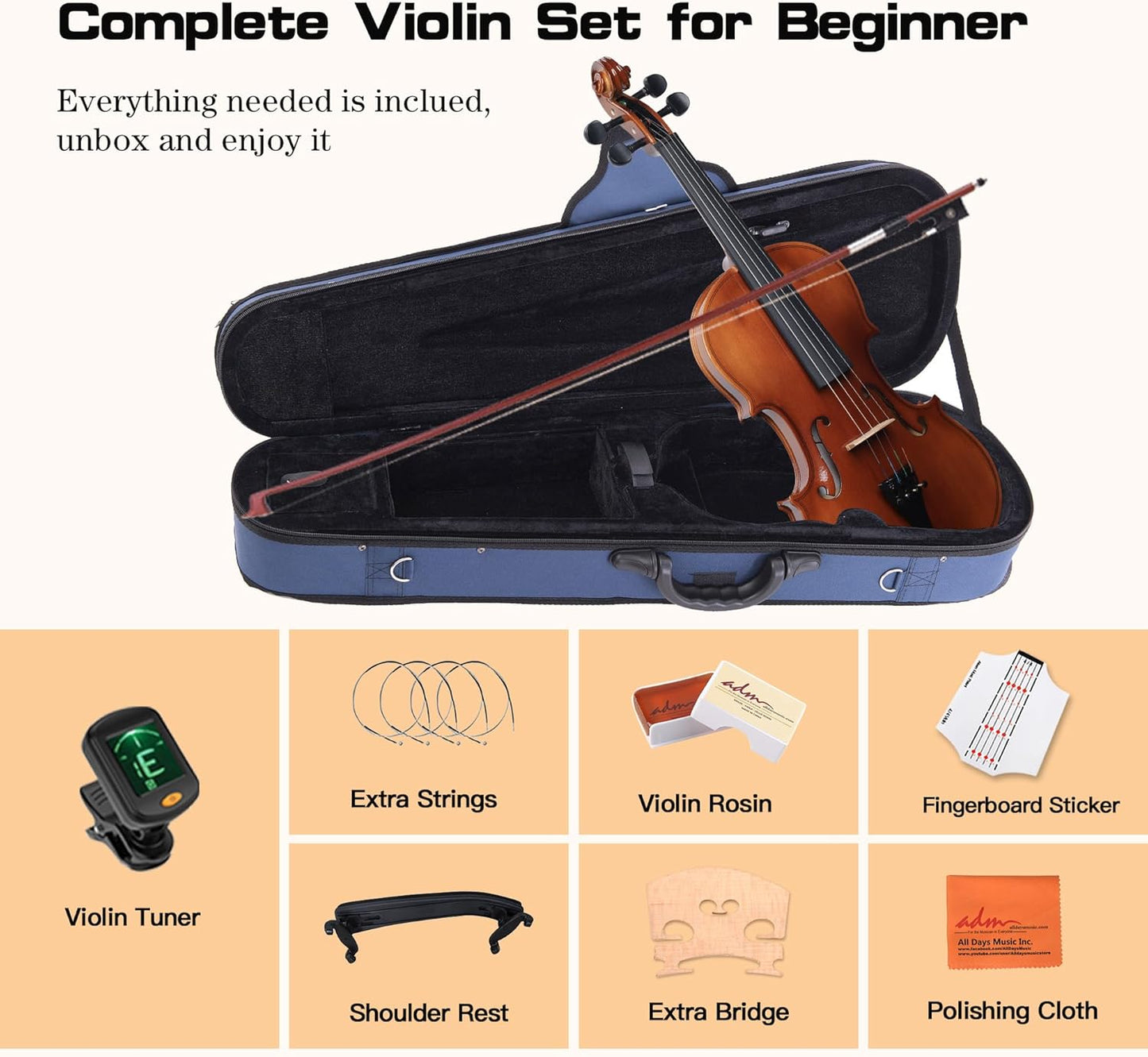 ADM 1/2 Size Wood Violin Set for Kids Teens Students Adults Beginner Acoustic Violin Matte Fiddle Starter Kit with Hard Case, Rosin, Shoulder Rest, Bow, Clip-on Tuner and Fingerboard Sticker