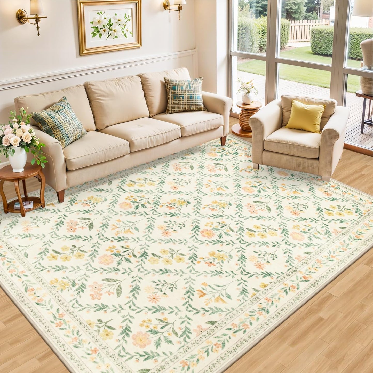 Area Rugs 9x12 Living Room: Floral Washable Rug Vintage Large Soft Boho Non-Slip Carpet Indoor Floor Stain Resistant Low Pile Carpets for Bedroom Dining Room Farmhouse Nursery Home Office Beige/Multi