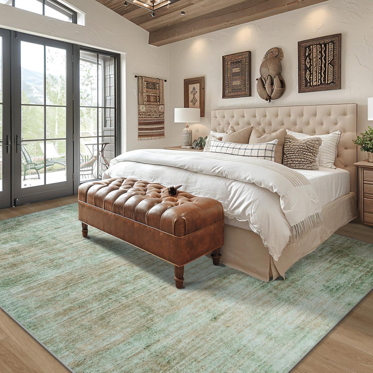 Area Rug 9x12 Washable Rugs: Abstract Large Living Room Rugs with Non-Slip Backing, Thin Carpet for Dining Room Table Bedroom Nursery Indoor Home Office-Light Green/Brown