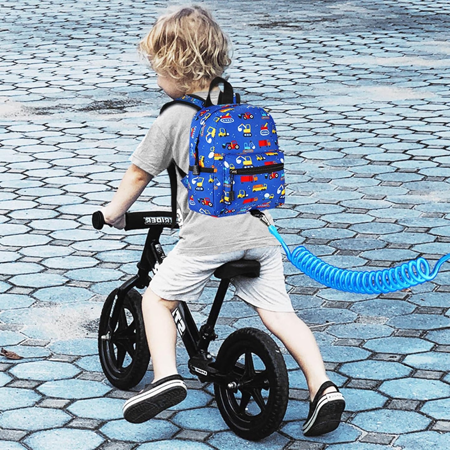 Accmor Toddler Backpack Leash with Anti Lost Wrist Link, Cute Mini Child Walking Harnesses Keep Kids Close Back Pack Rope Tether Rein for Baby Boys (Blue/Excavator)