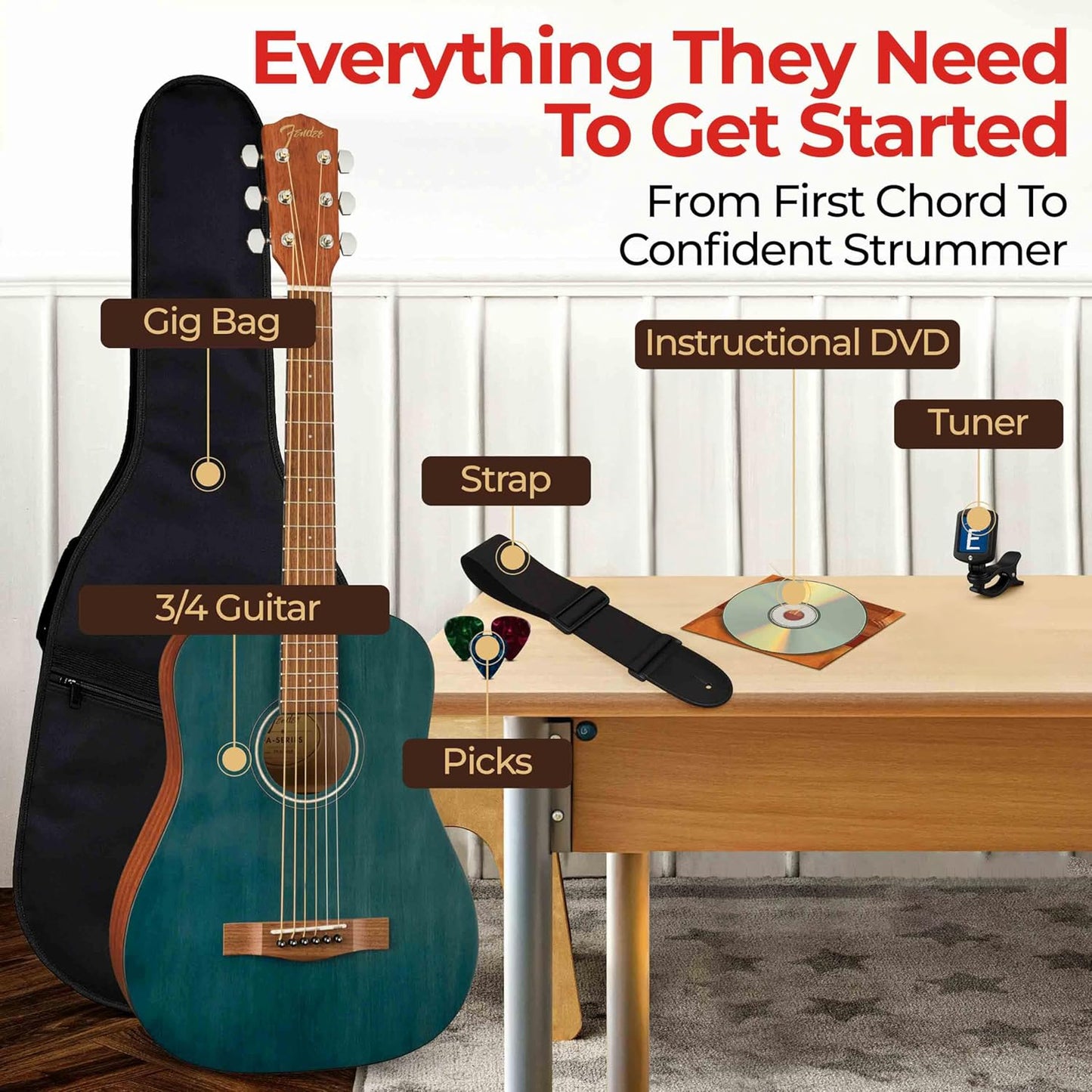 Fender FA-15 3/4-Scale Kids Steel String Acoustic Guitar - Blue Learn-to-Play Bundle with Gig Bag, Strap, Picks, Fender Play Online Lessons, and Austin Bazaar Instructional DVD