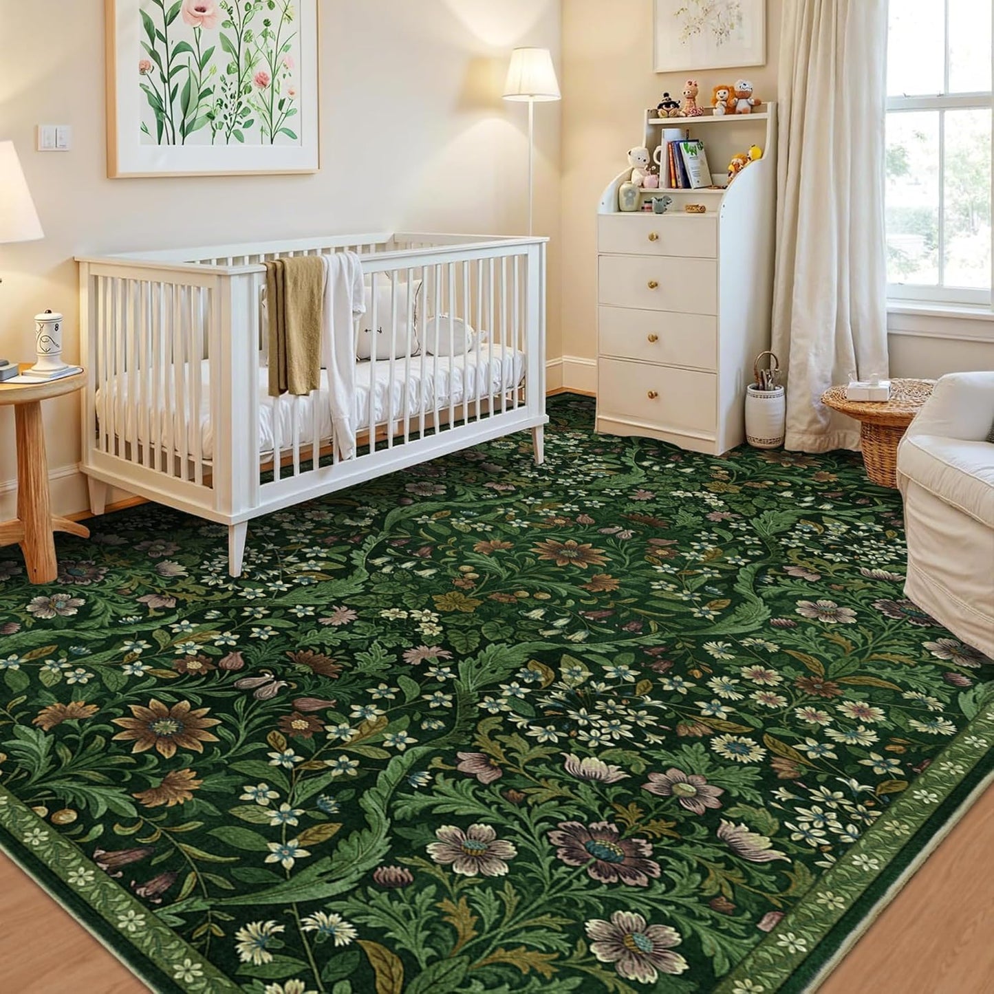 5×7 Dark Green Washable Floral Area Rug,Vintage Boho Soft Low-Pile Living Room Rugs, Stain Resistant Botanical Non-Slip Carpet for Bedroom,Dining Room, Kids Nursery,Home Decor