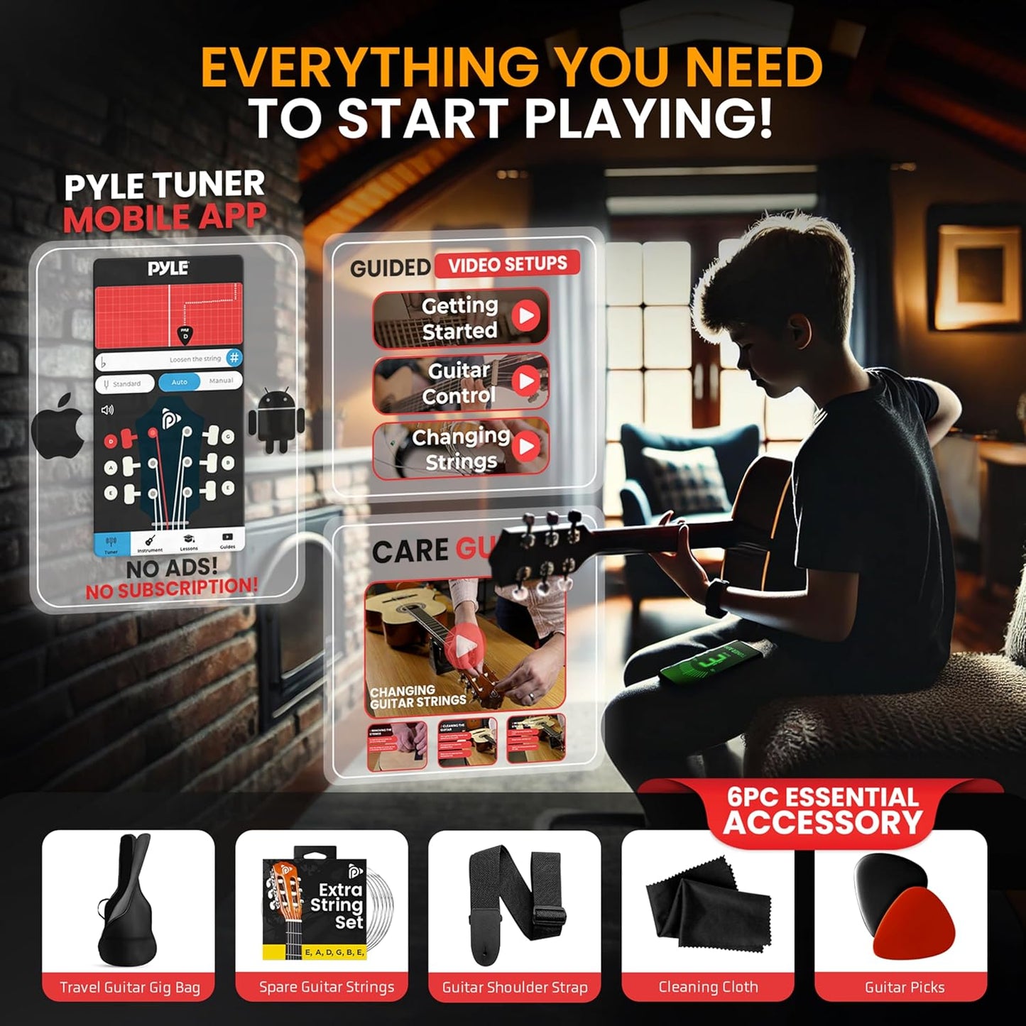 Pyle Beginner Acoustic Guitar Kit, 1/2 Junior Size All Wood Instrument for Kids, Adults, 34" Natural Ash